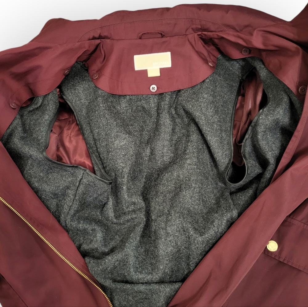 MICHAEL KORS Asymmetrical Zip Mid Length Trech Coat with Hood Maroon M - Picture 6 of 10